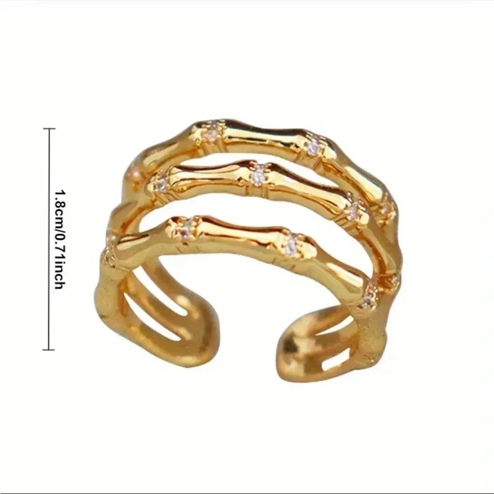 Gold Plated 14K Silver Bamboo CZ Adjustable Ring • NWT